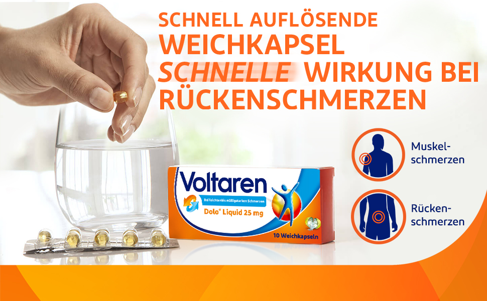 Voltaren Dolo Liquid 25 mg Weichkapseln für Schmerzlinderung mit Diclofenac  (10 Stk) - medikamente-per-klick.de