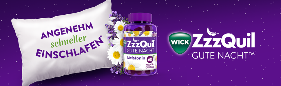 Einschlafhilfe mit Melatonin*, Baldrian, Lavendel, Kamille & Vitamin B6,  ZzzQuil Gute Nacht 30 innovative Weichgummis