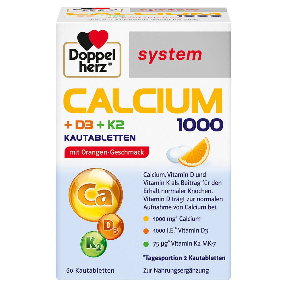 DOPPELHERZ Calcium 1000+D3+K2 system Kautabletten (60 Stk) -  medikamente-per-klick.de