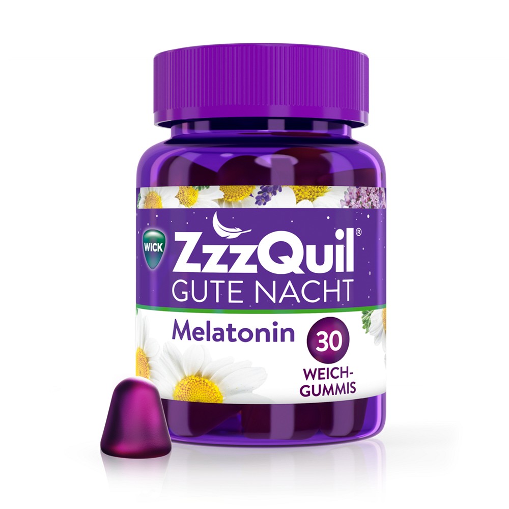 Einschlafhilfe mit Melatonin*, Baldrian, Lavendel, Kamille & Vitamin B6,  ZzzQuil Gute Nacht 30 innovative Weichgummis