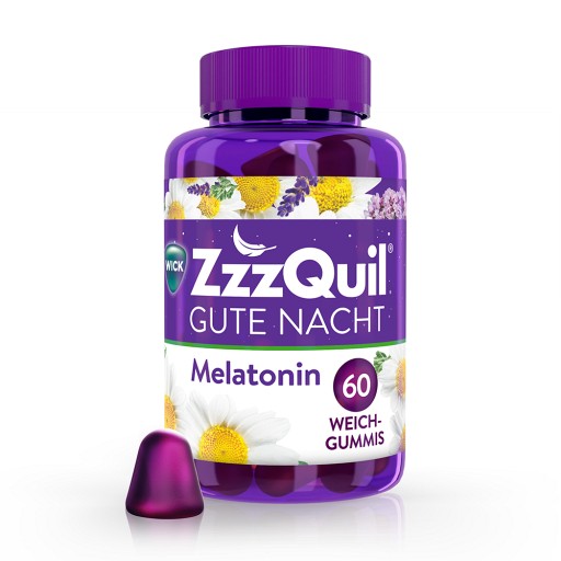 Einschlafhilfe mit Melatonin*, Baldrian, Lavendel, Kamille & Vitamin B6,  ZzzQuil Gute Nacht 60 innovative Weichgummis