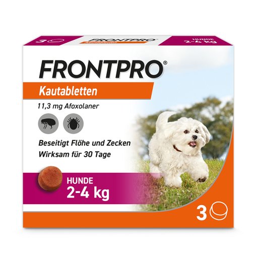 FRONTPRO Kautablette gegen Zecken und Flöhe für Hunde (2-4kg) (3 Stk) -  medikamente-per-klick.de